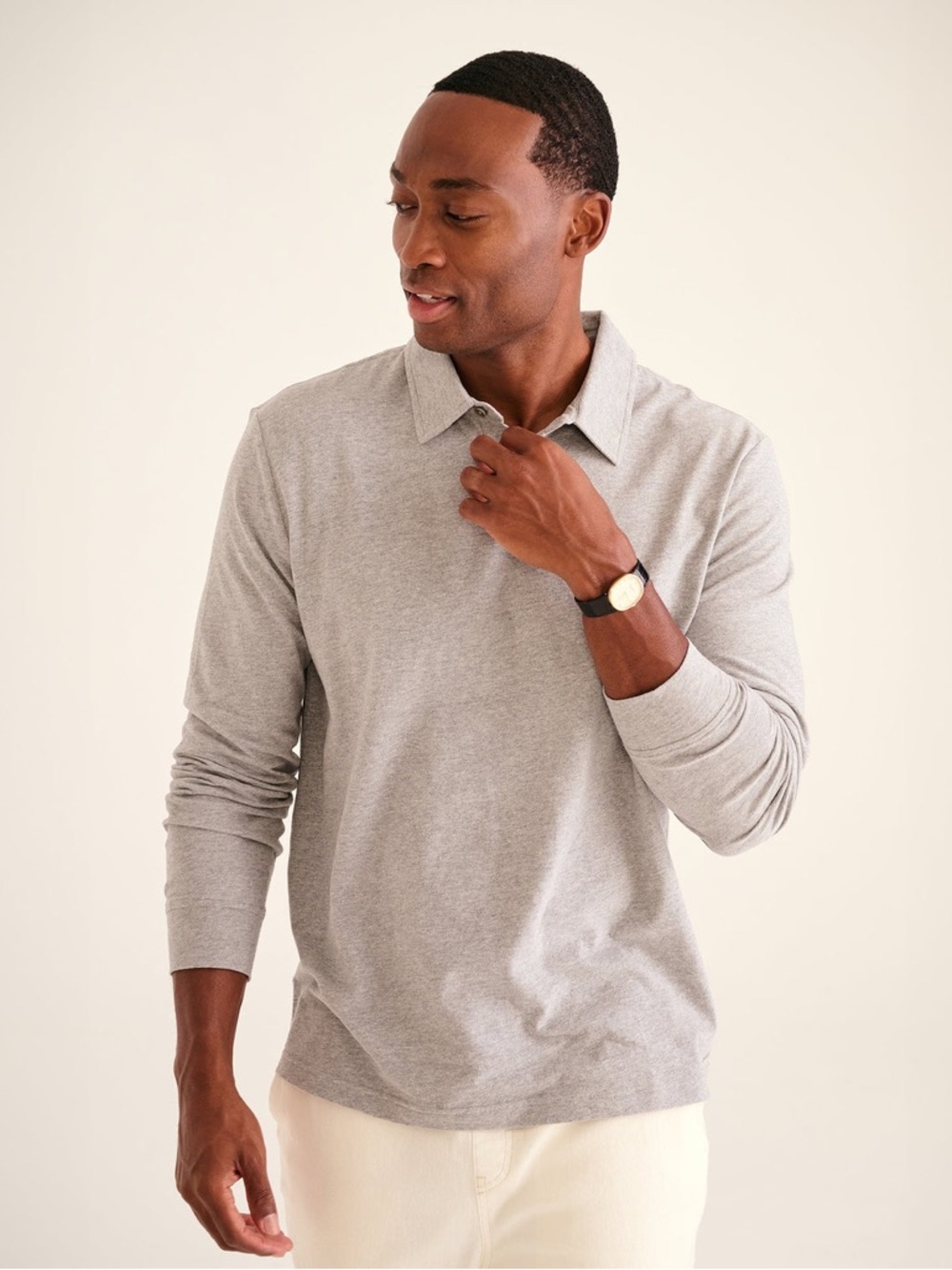 NAADAM Men’s The Long Sleeve Polo Tee Long Sleeve Medium Grey Buttons